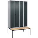Kleiderspind C+P Evolo Plus, 4 Abteile, 300 mm Abteilbreite, mit untergebauter Sitzbank, B 1200 x T 815 x H 2120 mm, Drehriegel, weißaluminium/anthrazitgrau