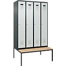 Kleiderspind C+P Evolo Plus, 4 Abteile, 300 mm Abteilbreite, mit untergebauter Sitzbank, B 1200 x T 815 x H 2120 mm, Zylinder, anthrazitgrau/lichtgrau