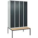 Kleiderspind C+P Evolo Plus, 4 Abteile, 300 mm Abteilbreite, mit untergebauter Sitzbank, B 1200 x T 815 x H 2120 mm, Zylinder, lichtgrau/anthrazitgrau