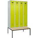 Kleiderspind C+P Evolo Plus, 4 Abteile, 300 mm Abteilbreite, mit untergebauter Sitzbank, B 1200 x T 815 x H 2120 mm, Zylinder, lichtgrau/clowngrün