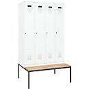 Kleiderspind C+P Evolo Plus, 4 Abteile, 300 mm Abteilbreite, mit untergebauter Sitzbank, B 1200 x T 815 x H 2120 mm, Zylinder, verkehrsweiß/verkehrsweiß