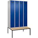 Kleiderspind C+P Evolo Plus, 4 Abteile, 300 mm Abteilbreite, mit untergebauter Sitzbank, B 1200 x T 815 x H 2120 mm, Zylinder, weißaluminium/enzianblau