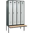 Kleiderspind C+P Evolo Plus, 4 Abteile à 300 mm Breite, schwebende Sitzbank, B 1200 x T 815 x H 2120 mm, Drehriegel, anthrazitgrau/lichtgrau