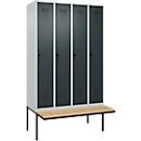 Kleiderspind C+P Evolo Plus, 4 Abteile à 300 mm Breite, schwebende Sitzbank, B 1200 x T 815 x H 2120 mm, Drehriegel, lichtgrau/anthrazit