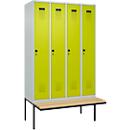 Kleiderspind C+P Evolo Plus, 4 Abteile à 300 mm Breite, schwebende Sitzbank, B 1200 x T 815 x H 2120 mm, Drehriegel, lichtgrau/clowngrün