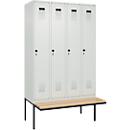 Kleiderspind C+P Evolo Plus, 4 Abteile à 300 mm Breite, schwebende Sitzbank, B 1200 x T 815 x H 2120 mm, Drehriegel, lichtgrau/lichtgrau