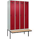 Kleiderspind C+P Evolo Plus, 4 Abteile à 300 mm Breite, schwebende Sitzbank, B 1200 x T 815 x H 2120 mm, Drehriegel, lichtgrau/rubinrot