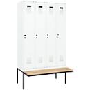 Kleiderspind C+P Evolo Plus, 4 Abteile à 300 mm Breite, schwebende Sitzbank, B 1200 x T 815 x H 2120 mm, Drehriegel, verkehrsweiß/verkehrsweiß