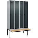 Kleiderspind C+P Evolo Plus, 4 Abteile à 300 mm Breite, schwebende Sitzbank, B 1200 x T 815 x H 2120 mm, Drehriegel, weißaluminium/anthrazit