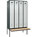 Kleiderspind C+P Evolo Plus, 4 Abteile à 300 mm Breite, schwebende Sitzbank, B 1200 x T 815 x H 2120 mm, Zylinder, anthrazitgrau/lichtgrau