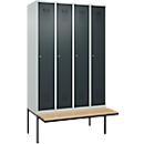 Kleiderspind C+P Evolo Plus, 4 Abteile à 300 mm Breite, schwebende Sitzbank, B 1200 x T 815 x H 2120 mm, Zylinder, lichtgrau/anthrazitgrau