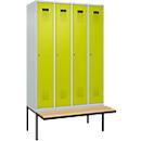 Kleiderspind C+P Evolo Plus, 4 Abteile à 300 mm Breite, schwebende Sitzbank, B 1200 x T 815 x H 2120 mm, Zylinder, lichtgrau/clowngrün