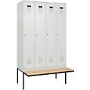 Kleiderspind C+P Evolo Plus, 4 Abteile à 300 mm Breite, schwebende Sitzbank, B 1200 x T 815 x H 2120 mm, Zylinder, lichtgrau/lichtgrau
