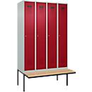 Kleiderspind C+P Evolo Plus, 4 Abteile à 300 mm Breite, schwebende Sitzbank, B 1200 x T 815 x H 2120 mm, Zylinder, lichtgrau/rubinrot