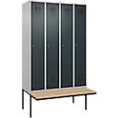 Kleiderspind C+P Evolo Plus, 4 Abteile à 300 mm Breite, schwebende Sitzbank, B 1200 x T 815 x H 2120 mm, Zylinder, weißaluminium/anthrazitgrau
