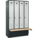Kleiderspind C+P Evolo Plus, 4 Abteile à 300 mm Breite, Sockel, schwebende Sitzbank, B 1200 x T 815 x H 1950 mm, Drehriegel, anthrazitgrau/lichtgrau