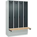 Kleiderspind C+P Evolo Plus, 4 Abteile à 300 mm Breite, Sockel, schwebende Sitzbank, B 1200 x T 815 x H 1950 mm, Drehriegel, lichtgrau/anthrazitgrau