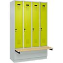 Kleiderspind C+P Evolo Plus, 4 Abteile à 300 mm Breite, Sockel, schwebende Sitzbank, B 1200 x T 815 x H 1950 mm, Drehriegel, lichtgrau/clowngrün