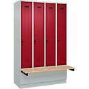 Kleiderspind C+P Evolo Plus, 4 Abteile à 300 mm Breite, Sockel, schwebende Sitzbank, B 1200 x T 815 x H 1950 mm, Drehriegel, lichtgrau/rubinrot