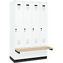 Kleiderspind C+P Evolo Plus, 4 Abteile à 300 mm Breite, Sockel, schwebende Sitzbank, B 1200 x T 815 x H 1950 mm, Drehriegel, verkehrsweiß/verkehrsweiß