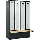 Kleiderspind C+P Evolo Plus, 4 Abteile à 300 mm Breite, Sockel, schwebende Sitzbank, B 1200 x T 815 x H 1950 mm, Zylinder, anthrazitgrau/lichtgrau