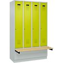 Kleiderspind C+P Evolo Plus, 4 Abteile à 300 mm Breite, Sockel, schwebende Sitzbank, B 1200 x T 815 x H 1950 mm, Zylinder, lichtgrau/clowngrün