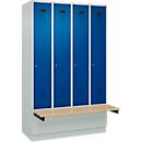 Kleiderspind C+P Evolo Plus, 4 Abteile à 300 mm Breite, Sockel, schwebende Sitzbank, B 1200 x T 815 x H 1950 mm, Zylinder, lichtgrau/enzianblau