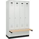 Kleiderspind C+P Evolo Plus, 4 Abteile à 300 mm Breite, Sockel, schwebende Sitzbank, B 1200 x T 815 x H 1950 mm, Zylinder, lichtgrau/lichtgrau