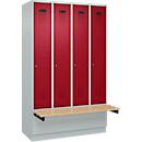 Kleiderspind C+P Evolo Plus, 4 Abteile à 300 mm Breite, Sockel, schwebende Sitzbank, B 1200 x T 815 x H 1950 mm, Zylinder, lichtgrau/rubinrot