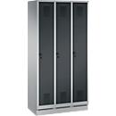 Kleiderspind Evolo S 3000, 3 Abteile, Stahl, Sockelhöhe 100 mm, Sicherheitsdrehriegelverschluss, weißaluminium/anthrazit