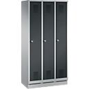 Kleiderspind Evolo S 3000, 3 Abteile, Stahl, Sockelhöhe 100 mm, Zylinderschloss, weißaluminium/anthrazit