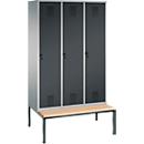Kleiderspind Evolo S 3000, untergebaute Sitzbank, 3 Abteile, Stahl, Sicherheitsdrehriegelverschluss, weißaluminium/anthrazit