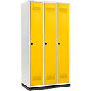 Kleiderspind mit Sockel, 3 Abteile, 300 mm Abteilbreite, Sicherheitsdrehriegelverschluss, rapsgelb