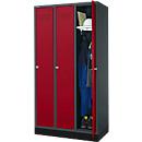 Kleiderspind mit Sockel, 3 Abteile, 300 mm Abteilbreite, Zylinderschloss, anthrazit/rubinrot