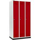 Kleiderspind mit Sockel, 3 Abteile, 300 mm Abteilbreite, Zylinderschloss, rubinrot