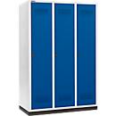 Kleiderspind mit Sockel, 3 Abteile, 400 mm Abteilbreite, Sicherheitsdrehriegelverschluss, lichtgrau/enzianblau