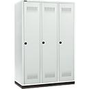 Kleiderspind mit Sockel, 3 Abteile, 400 mm Abteilbreite, Sicherheitsdrehriegelverschluss, lichtgrau/lichtgrau