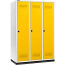 Kleiderspind mit Sockel, 3 Abteile, 400 mm Abteilbreite, Sicherheitsdrehriegelverschluss, lichtgrau/rapsgelb