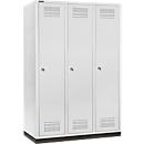 Kleiderspind mit Sockel, 3 Abteile, 400 mm Abteilbreite, Zylinderschloss, lichtgrau/lichtgrau