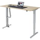 Komplettangebot Schreibtisch, elektrisch höhenverstellbar, T-Fuß, B 1600 x T 800 x H 605-1265 mm, Eiche-Dekor/silber + Kabelführung und Schreibunterlage