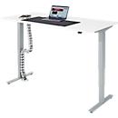 Komplettangebot Schreibtisch, elektrisch höhenverstellbar, T-Fuß, B 1600 x T 800 x H 605-1265 mm, weiß/silber + Kabelführung und Schreibunterlage