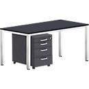 Komplettset BEXXSTAR, Schreibtisch 1600 mm breit und Rollcontainer, Quadratrohrfuß, schwarz