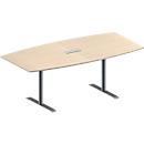 Konferenztisch MODENA FLEX, höhenverstellbar, 3-fach Anschlussfeld, Boots-Form, T-Fuß-Rundrohr, B 2000 x T 1000/800 mm, Ahorn-Dekor
