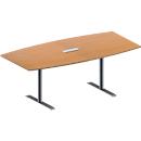 Konferenztisch MODENA FLEX, höhenverstellbar, 3-fach Anschlussfeld, Boots-Form, T-Fuß-Rundrohr, B 2000 x T 1000/800 mm, Buche-Dekor