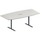 Konferenztisch MODENA FLEX, höhenverstellbar, 3-fach Anschlussfeld, Boots-Form, T-Fuß-Rundrohr, B 2000 x T 1000/800 mm, lichtgrau