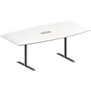 Konferenztisch MODENA FLEX, höhenverstellbar, 3-fach Anschlussfeld, Boots-Form, T-Fuß-Rundrohr, B 2000 x T 1000/800 mm, weiß