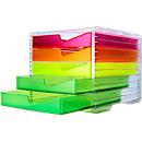 Ladebox styro® styroswing NEONline, 5 laden, uittrekstop &amp; verzonken greep, stapelbaar, B 270 x D 340 x H 255 mm, polystyreen, transparant-multikleurig