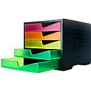Ladebox styro® styroswing NEONline, 5 laden, uittrekstop &amp; verzonken greep, stapelbaar, B 270 x D 340 x H 255 mm, polystyreen, zwart-multikleurig