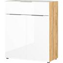 Ladekast, met 1 lade en 2 deuren, glazen front en bovenblad, B 830 x D 420 x H 1020 mm, Navarra eik/wit