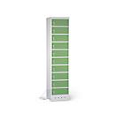 Laptop cabinet with charging function, 10 compartments with cylinder lock, Sheet steel light grey RAL 7035/reseda green RAL 6011